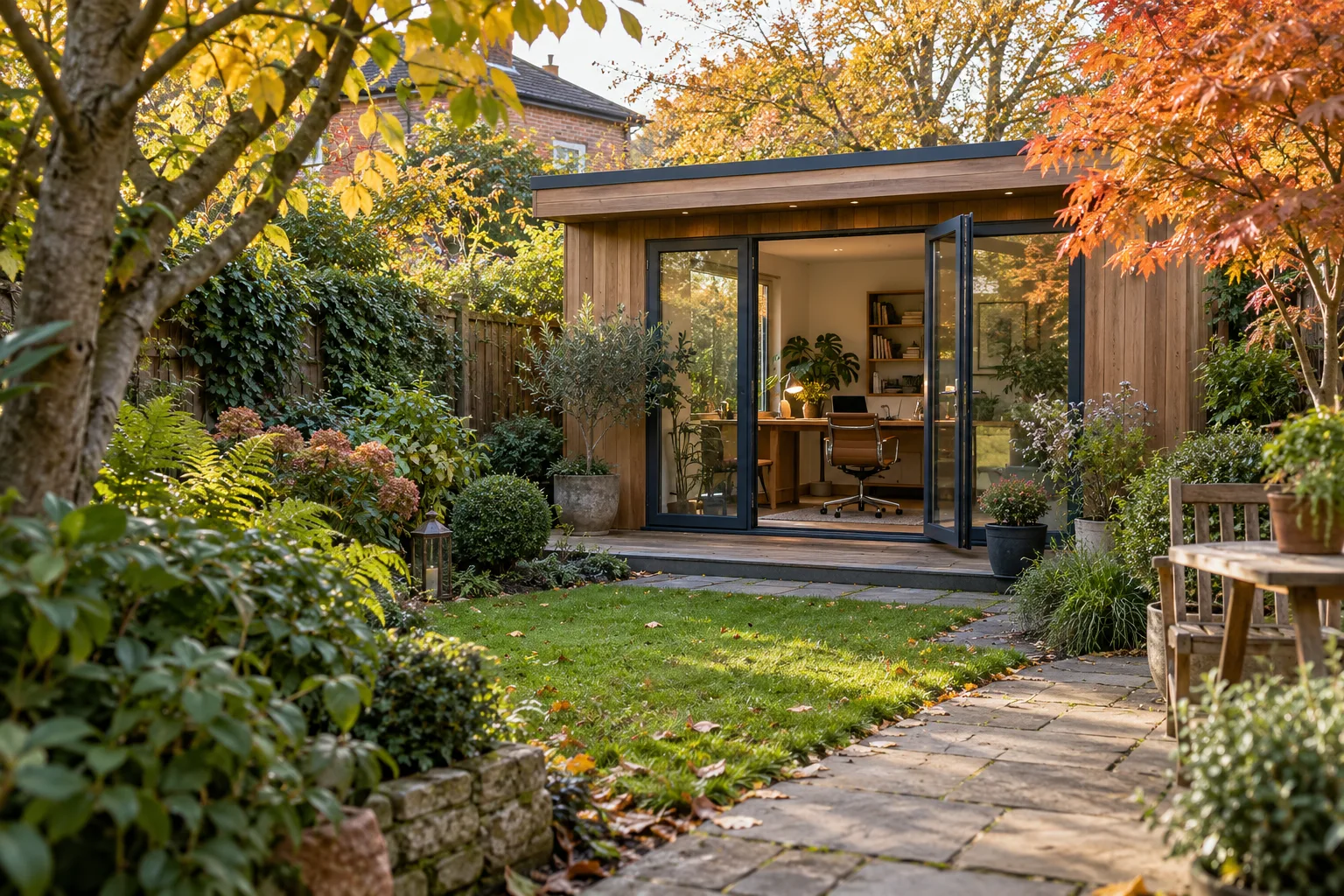 A garden room with a desk inside, viewed from a leafy garden path.