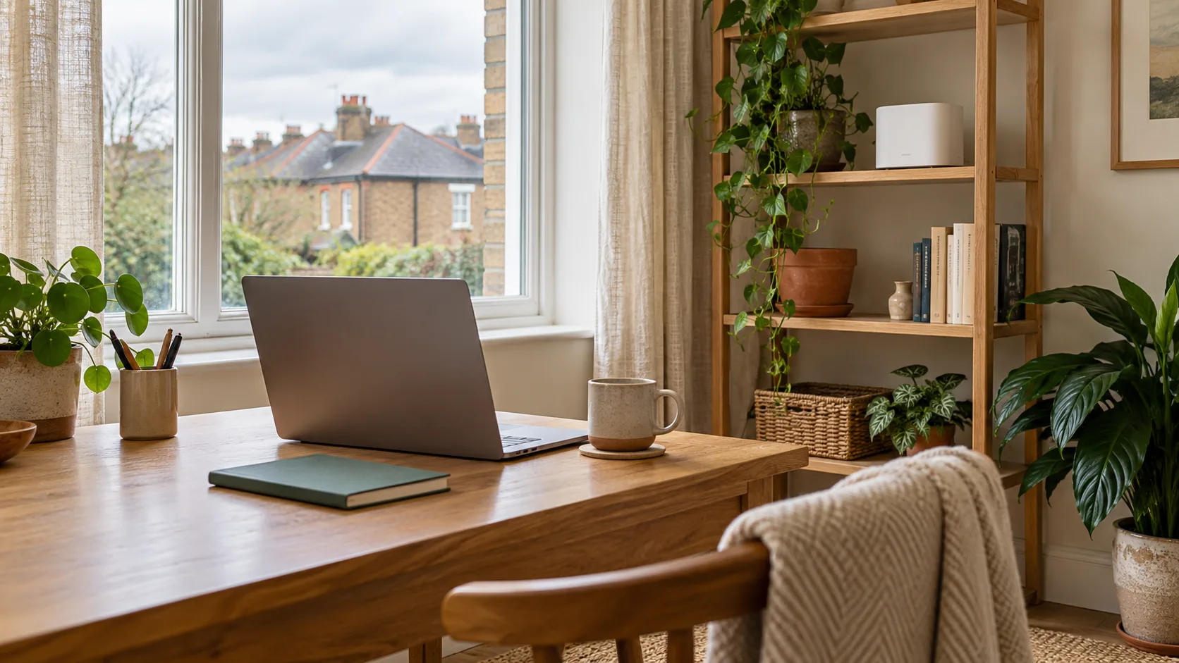 An editorial home-workspace scene.